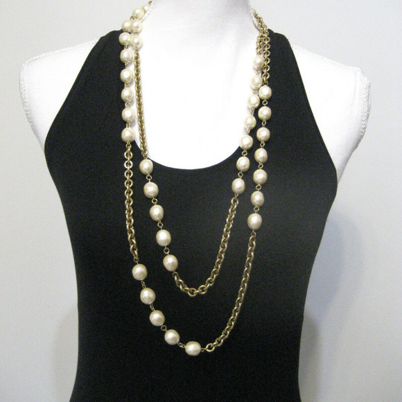 CHANEL Jewelry - CHANEL Double Strand Gold Chain and Pearl 36" Long